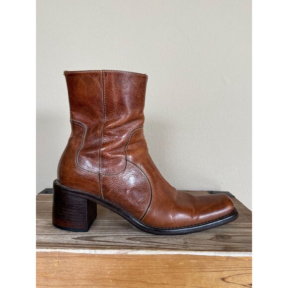 90s Vintage VIC MATIE Brown Leather Square Toe Block Heeled Ankle Boots Size 6.5 - Picture 7 of 14